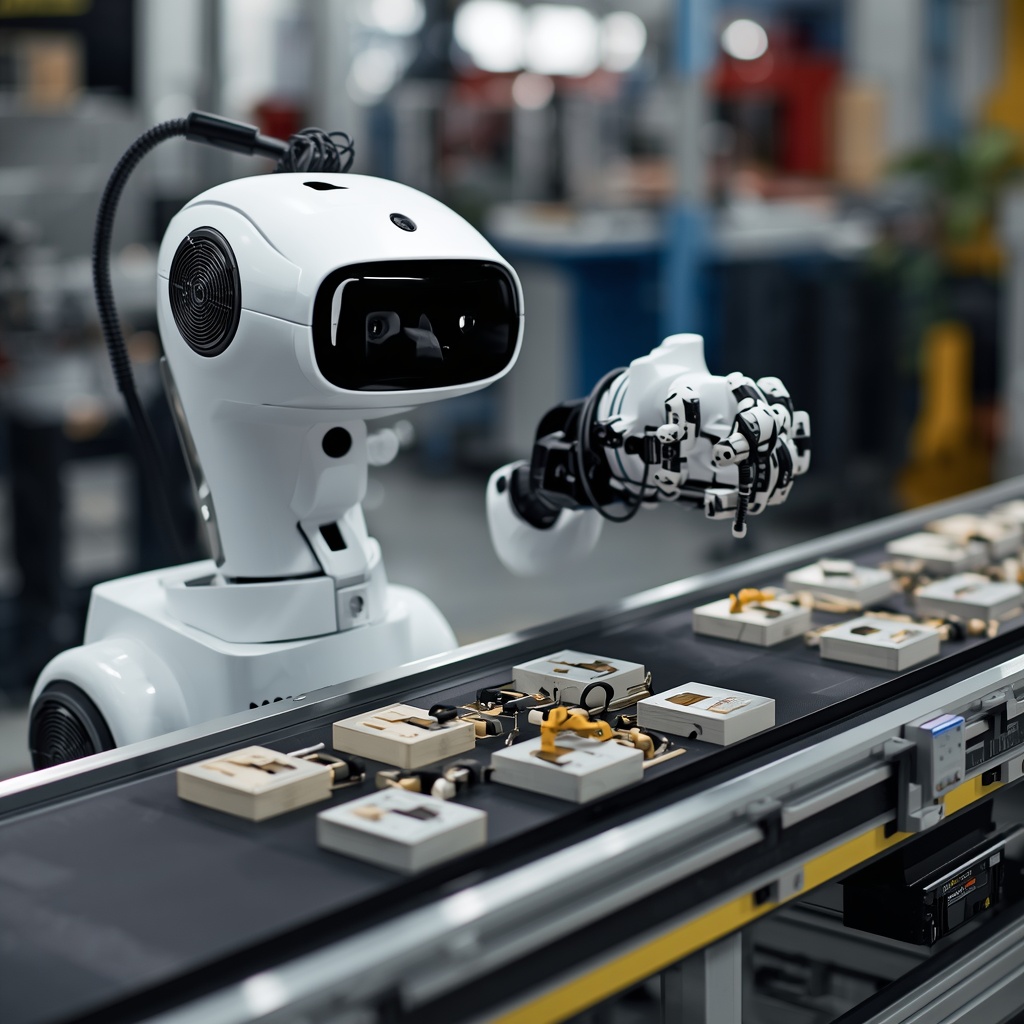 Nano Banana2 robot equipped with AI machine vision system analyzing components on a conveyor belt